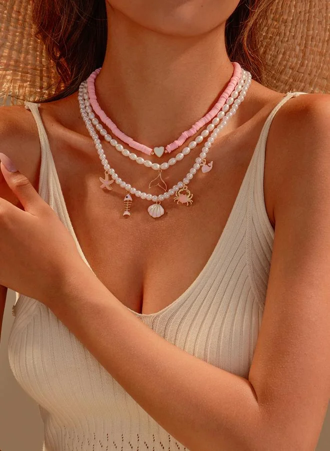 Take Two  Pack of 3 - Pink Beaded Charm Necklace for Women | Best Price UAE